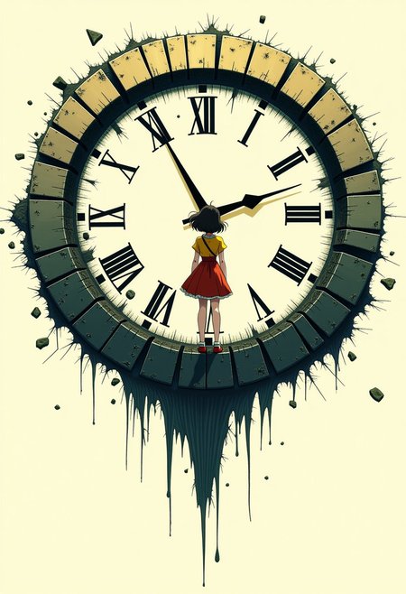 Modernretroanime. A colossal, floating clock  in anime style hovers in an endless white void, its surface cracked and worn as if eroded by time itself. The clock hands move erratically, sometimes stopping, reversing, or speeding up. Ethereal, glowing symbols flicker around its edges, hinting at an ancient mechanism beyond human understanding. Pieces of the clock periodically break off and float weightlessly around it, frozen mid-air before disintegrating into dust. Below the clock, shadowy tendrils drip downward, as if reality itself is melting away. The composition is both grand and surreal, evoking a sense of time unraveling in an infinite, empty expanse. master engineer girl.