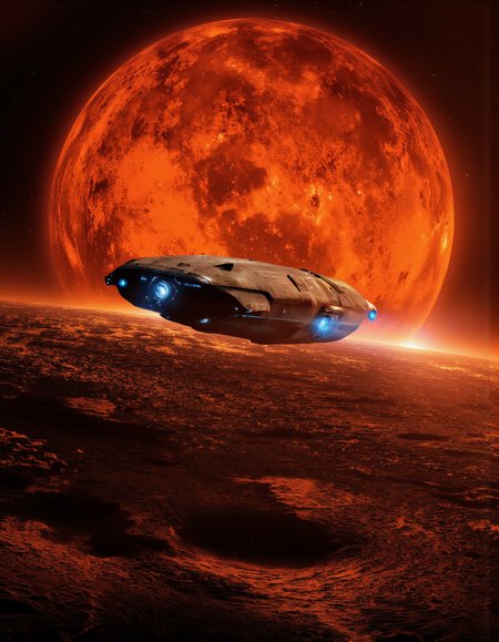 Art by Col Price & By Paul Chadeisson.
A photo-realistic shoot from a far camera angle about a futuristic spaceship flying over a distant planet during a massive, intense sunset. the image also shows a stunning view of the planet from space, with a large, glowing, orange-red sun in the background and a distant, starry sky. in the foreground, a spaceship with blue lights appears to be in the middle of the image, with its sleek, futuristic design and intricate details visible. the spaceship is positioned in the center of the frame, with the planet stretching out in front of it. the planet is filled with a vast expanse of dark, reddish-orange hues, with no visible clouds or other celestial bodies. the sky is also filled with stars, creating a dramatic contrast with the bright orange and red hues of the sun. the overall scene is one of awe and wonder at the vastness of space.