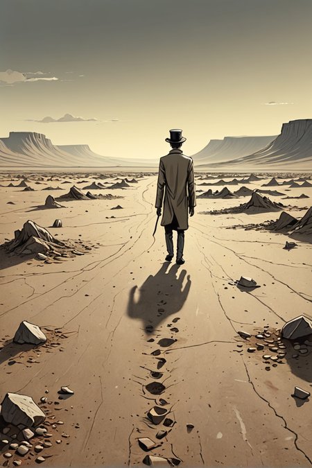 (absurd caricature), A solitary figure, wandering through a desolate landscape.