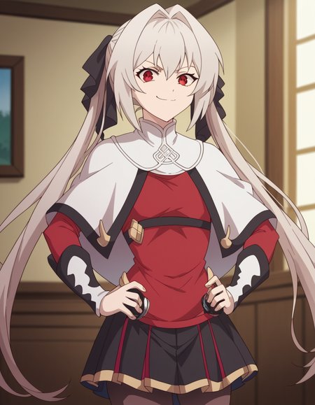 score_9, score_8_up, score_7_up, source_anime, <lora:lynneburg-clays-s1-ponyxl-lora-nochekaiser:1>, lynneburg clays, long hair, red eyes, twintails, grey hair, hair intakes, hair ribbon,, pantyhose, capelet, white capelet, dress, red dress, long sleeves, skirt, black skirt, pleated skirt,, living room, video game, controller, competitive, fun, afternoon, , looking at viewer, smug, hands on hips,, solo,, cowboy shot, dutch angle