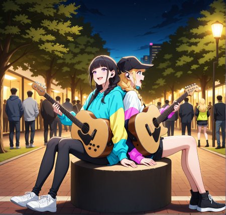 masterpiece,best quality,amazing quality,very aesthetic,absurdres,newest, huge filesize, 
<lora:spo_sdxl_10ep_4k-data_lora_webui:0.5>,anime screenshot, 2d anime,anime coloring, 
<lora:add-detail-xl:1>   paripi koumei, official art, 
2girls, cooperative   singing,holding Guitar,  night,street,  
crowded:1.4. shibuya,listening to music, music, facing another, full body, Street singing, tree, 
many audiences looking they,   park, sitting,   back to back,
<lora:Paripi_Koumei_V1:1>
Paripi_KoumeiV1,
Street singing, many audiences,
BREAK
2girls, cooperative   singing,holding Guitar,  night,street,  
crowded:1.4. shibuya,listening to music, music, facing another, full body, Street singing,
many audiences looking they,   park, sitting, back to back,
hat,
long hair,open mouth, light smile, 
black hair,hood,
hoodie,hat,bangs,purple eyes,
blunt bangs,
portrait,hood down,
p_kuon, white shoes,
BREAK
2girls, cooperative   singing,holding Guitar,  night,street,  
crowded:1.4. shibuya,listening to music, music, facing another, full body, Street singing,
many audiences looking they,   park, sitting, back to back,
hat,
twin braids,baseball cap,
shorts,braid,
blue eyes,blonde hair,
jacket,
black shorts,multicolored jacket,
black headwear,
open mouth,shirt,
long hair,
white shirt,shoes,p_eiko,