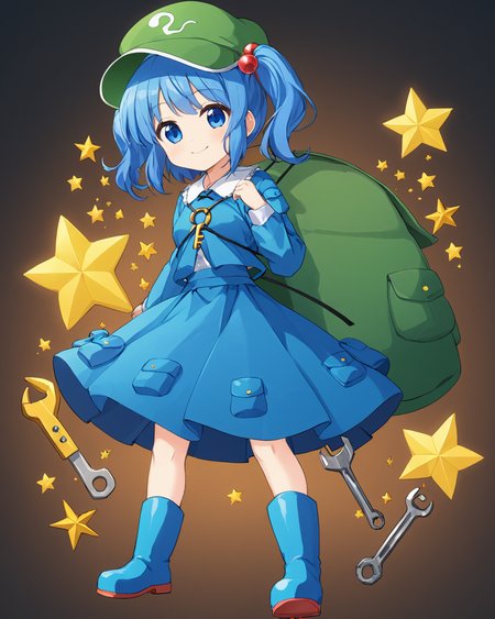 kawashiro nitori,1girl, solo, key, green_headwear, hair_bobbles, long_sleeves, backpack, shirt, blue_skirt, two_side_up, closed_mouth, smile, twintails, blue_footwear, flat_cap, pocket, rubber_boots, wrench, skirt_set
<lora:kawashiro_nitori_image4714_2023-12-17:1>,star-shaped_pupils,symbol-shaped_pupils,. gorgeous,key visual, vibrant, studio anime,award-winning, professional, highly detailed,high budget, cinemascope