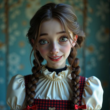 Horror magazine photo, medium shot, beautiful Wednesday Addams female with braided hair, smiling with big anime eyes, posing for Halloween costume, (8k, RAW photo, best quality, ultra high res, depth of field:1.1), (absurdres, intricate, photorealistic, masterpiece, ultra-detailed), torso shot