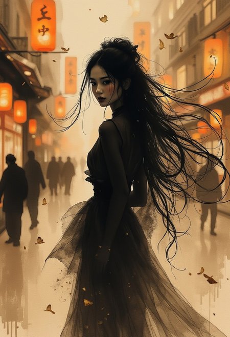 Expressive Watercolor Ink Wash, Inkplash art on rice paper, sepia, henna , Silhouette Art, magnificent, stunning japanese woman, long flowing hair, sidelocks, dark eyeshadow, silhouetted at night, walking down city street, bokeh, chiascuro, dark abstract background