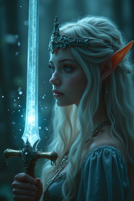 amazing emotional transcendental's dream, An amazing ultra realist Movie photo on night elven village, of amazing elven goddess (beautiful face) with magical transcendental's sword, amazing magic effect on the translucent sword, maximum ultra high definition image quality and rendering, maximum image detail, maximum realistic render, ultra realist style, realist side lighting, , 8K high definition, realist soft lighting, amazing special effect