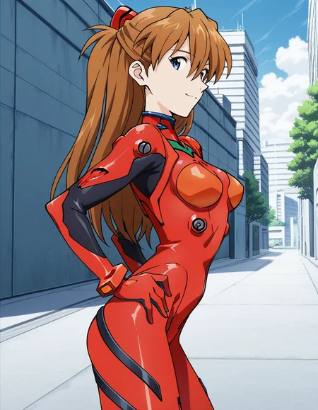 Souryuu Asuka Langley (sadamoto yoshiyuki) V2,blue eyes,brown hair,long hair,two side up,interface headset,red plugsuit,hands on own hips,cowboy shot,outdoors,city,(from side:2.5),light smile,(hat:-1),
day,
1girl,
looking at viewer,
breasts,
perky breasts,explicit,hair between eyes,curvy,slim,skindentation,
(anime screencap),(anime coloring:1.2),anime screenshot, animated painting, animated gif,2d cel anime,anime cap,anime,anime style,anime cel,Cel shading,cel shaded,soft brightness,perfect face,perfect nose, perfect hair, perfect eyes,perfect female body,perfect skin,a face of perfect proportion,perfect lighting,perfect anatomy,perfect proportion,perfect hands,perfect legs,perfect fingers,masterpiece,super fine illustration,(best quality, absurd res, ultra detailed),very aesthetic,absurdres,16k,intricate detail,amazing quality,detailed linework,vibrant colors,kawaii,flat color,
 <lora:æ°ä¸ç´ã¨ã´ã¡ã³ã²ãªãªã³æ£æµã¢ã¹ã«ã©ã³ã°ã¬ã¼è²æ¬ç¾©è¡ä¼¼é¢¨illustriousV2Neon_Genesis_EvangelionSouryuu_Asuka_LangleySadamoto_Yoshiyuki_StyleillustriousV2-000009:1:0.8>