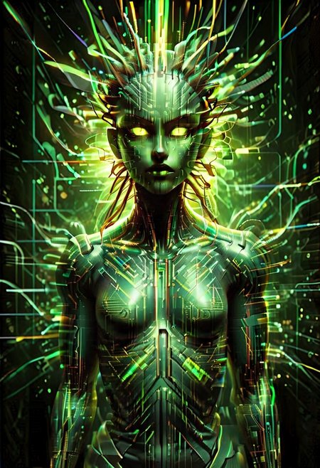Glitch,digital, glitch style, humanoid figure, shodan, glowing yellow-green eyes, digital data and wires running in the background