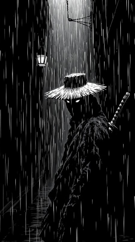 In the style of a monochrome manga, a dark silhouette materializes at the end of the alley - the figure of a lone ninja dressed in a tattered, fluttering robe. His face is partially hidden by the brim of a straw hat, from which water cascades. His eyes glow in the dark, and the dim light from the overhead lamp reflects off the polished handle of the katana hanging on his back. His posture is tense, but at the same time deliberate, as if he feels that he is being watched from the shadows. Raindrops drum on his hat, creating a rhythmic, echoing sound