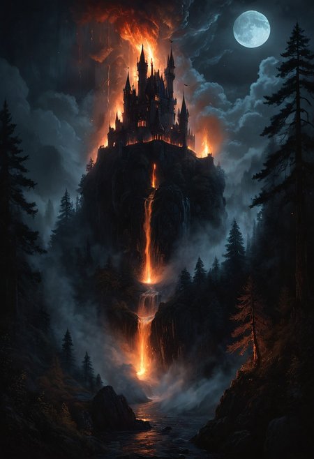 From behind, looking out,
Dark evil Castle, standing over a waterfall, epic forest kingdom, elaborate atmosphere, at night, moonlight, holding a torch, fire, fire glow, particles, pine trees, mist, fog, 
Masterpiece, highly detailed, highly textured,
