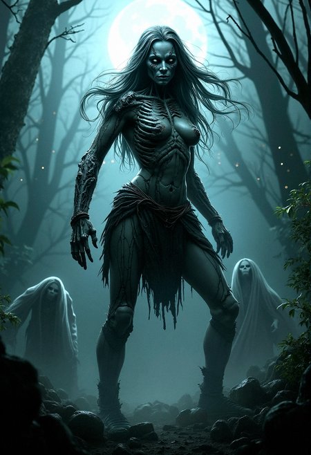 A hyperrealistic depiction of a rotting undead Amazoness warrior, towering and muscular, with intricate skeletal makeup that blends with her decaying beauty. She stands in a dynamic pose, her skeletal armor cracked and worn, surrounded by a dark jungle. Thick fog swirls around her, with light particles shining through from the moonlight. Her fierce expression and flowing, ethereal hair add to the menacing aura. The nighttime setting, realistic shadows, and eerie atmosphere are enhanced by ghostly apparitions lurking in the background.








