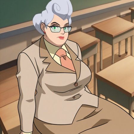 score_9, solo, principal_k, 1girl, grey hair, green eyes, glasses, necktie, suit, skirt, sitting, classroom, looking at viewer