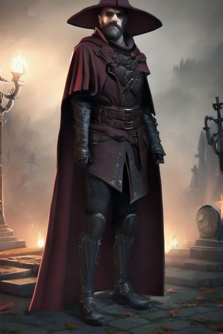 (masterpiece:1.2), (best quality,:1.2), 8k, HDR, ultra detailed, ((photorealistic)), professional light, cinematic lighting, fashion photography, ambient lighting, atmospheric effects, <lora:detail_slider_v4:2>, <lora:zoom_slider_v1:1.5>, a male WitchHunter, beard, coat, belt, cape, hat, <lora:WitchHunter-10:1>, in a sinister graveyard,  <lora:Darkness:0.3> Darkness, epiCPhoto