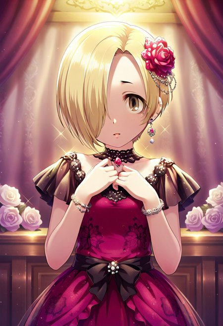 masterpiece,best quality,amazing quality, shirasaka koume, blonde hair, hair over one eye, short hair, brown eyes, 1girl, jewelry, solo, hair ornament, earrings, flower, dress, hair flower, looking at viewer, bracelet