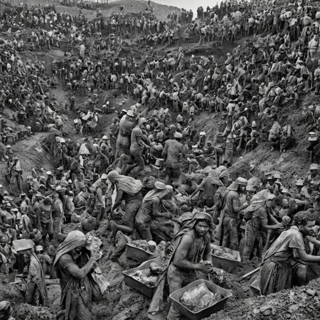 a (black and white:1.5) photo of numerous miners working in a vast, muddy excavation site. The workers are covered in dirt, wearing makeshift clothing and head coverings. Some people are carrying bags or tools, while others are standing and resting. The background is filled with more workers scaling the rough terrain High contrast, extreme details, intricate details, 8k, 35mm photo, photorealism, realistic photo, national geographic style, masterpiece