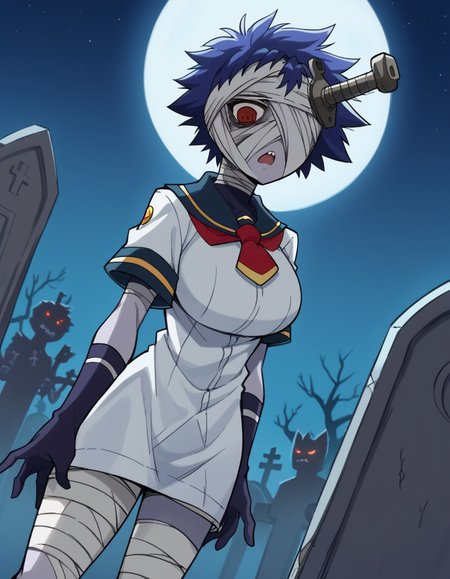 score_9, score_8_up, score_7_up, source_anime, <lora:youka-naze-s2-ponyxl-lora-nochekaiser:1>, youka naze, short hair, large breasts, red eyes, blue hair, bandages, bandage over one eye, <lora:zombie-ponyxl-lora-nochekaiser:1>, zombie, colored skin, stitches, grey skin, multicolored skin, stitched face, zombie pose, halloween, halloween costume,, night, moon, graveyard, tombstone, grave, open mouth, , dutch angle, cowboy shot