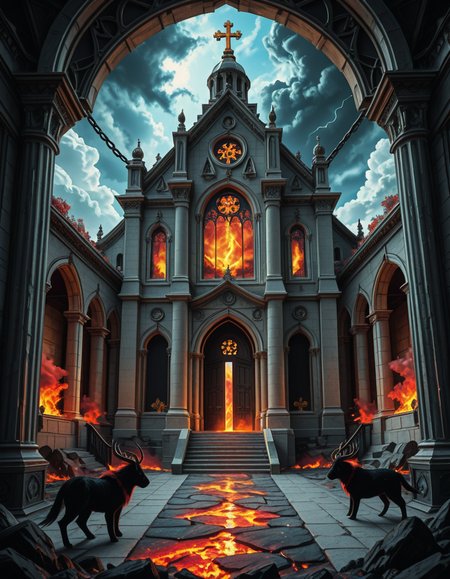 A once-majestic celestial temple, now under siege by the forces of Hell. The grand white stone structure is cracked and scorched, its golden crosses twisted and broken. The stained-glass windows, once glowing with warm divine light, are now shattered, with demonic symbols glowing ominously in their place. The sky, once a serene blue, is now consumed by dark storm clouds, swirling with red lightning and thick smoke.
Black, jagged chains extend from the sky, wrapping around the temple as if trying to pull it down into the abyss. The once-fluffy clouds beneath the structure are now a chaotic mix of fire, ash, and dark mist, with glimpses of molten lava cracks below. Infernal creatures with glowing red eyes lurk in the shadows, their silhouettes barely visible through the smoke and fire.
The temple doors are blown open, revealing an eerie red glow emanating from within, as if Hell itself is consuming the sacred space. Massive demonic runes are etched into the stone, pulsating with an unholy energy. The entire scene is bathed in a deep crimson and orange glow, giving it an apocalyptic and nightmarish atmosphere.
Style & Lighting:
- Dark fantasy, highly detailed
- Dramatic, high-contrast lighting with fiery glows
- Cinematic composition, epic scale
- Strong use of shadows, embers, and atmospheric foghighly detailed and atmospheric view from inside a massive birdcage, large enough for a human to stand inside. The cage is made of ornate, aged metal bars with intricate Victorian-style patterns, curving elegantly towards the domed ceiling. Sunlight filters through the gaps between the bars, casting long, dramatic shadows on the wooden floor. Delicate vines and small flowers have begun to grow around the bars, adding a touch of nature reclaiming the space. The background beyond the cage is blurred, hinting at a lush garden or a mysterious, abandoned mansion. The ambiance is serene yet slightly melancholic, with warm golden light illuminating dust particles floating in the air. Soft feathers are scattered on the floor, adding to the sense of quiet abandonment. The perspective makes the viewer feel as if they are inside the cage, looking outward, surrounded by both beauty and confinement. The style is highly detailed and realistic, with a cinematic and slightly surreal atmosphere.
<lora:SDXLFaeTastic2400:0.4> <lora:extremely_detailed:0.4> extremely detailed, <lora:evil_celestial_t3mpl3-i:1>,evil celestial t3mpl3, Masterpiece,best quality,hi res,8k,hi res,8k,award winning,(sharp focus, intricate, highly detailed),
