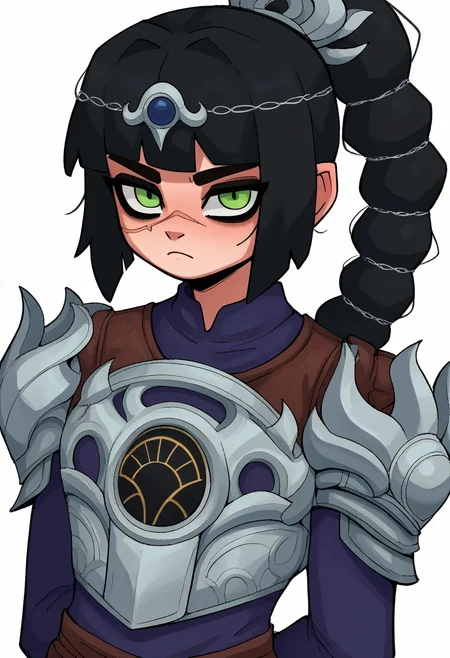 score_9, score_8_up, score_7_up, score_6_up, score_5_up, score_4_up, BREAK, source_anime, gummo, 1girl, solo, shadowheart, black hair, braided ponytail, green eyes, scar on face, circlet, looking at viewer, armor, arms behind back, standing, white background <lora:ShadowHeartXL:1>  <lora:GummoXLLocon:1>