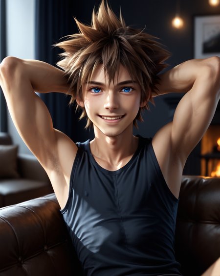 score_9, score_8_up, score_7_up, intricate details, rating_questionable,
<lora:homri52:1>
,
<lora:Sora_KH_-_Pony2:0.8>, 1boy(sora, male focus, solo, blue eyes, brown hair, spiked hair,, looking at the viewer, solo, happy, 
cowboy shot, sitting on a sofa, leaned back, arms raised, hands behind head, typical clothing), comfy living room, at night, dark room, low light,
4k,
detailed background, depth of field, 
<lora:ral-chrosc-clr:0.5>, ral-chrosc-clr,
<lora:Expressive_H:0.5>, Expressiveh,
<lora:xl_more_art-full_v1:0.3>,
<lora:add-detail-xl:0.3>,