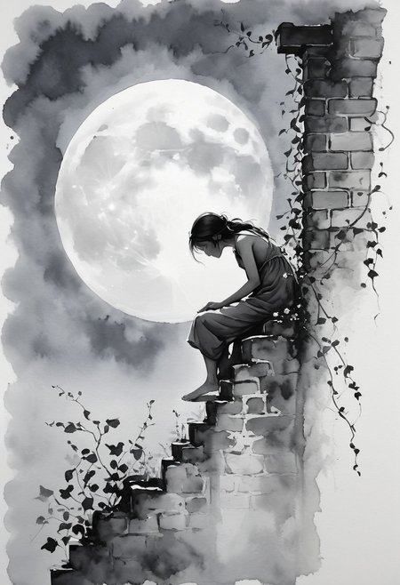 ink-painting, ink wash,, ink wash painting,, white background, flowering honeysuckle vine growing up a crumbling brick wall, silhouette of a  young girl sitting on top of the wall, backlit by an enormous moon, monochrome, greyscale, minimalistic, nature, traditional media, ink, solo, botanical.