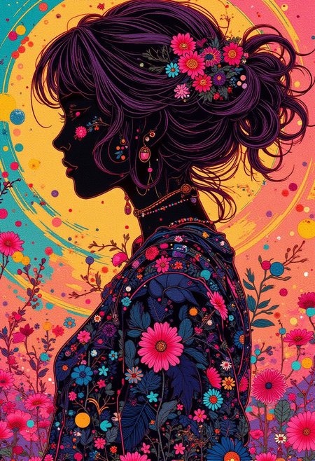 pointillism art. vivid colors. female silhouette A digital artwork in the style of cknc,