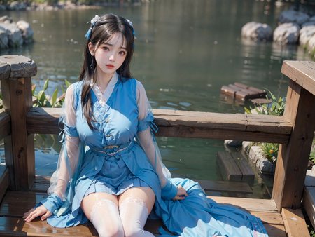 (8k, RAW photo, best quality, masterpiece:1.2), (realistic, photo-realistic:1.4), highres, 1girl an extremely delicate and beautiful girl, (full body:1.2), extremely detailed eyes and face, ultra-detailed, extremely detailed, depth of field, looking at viewer, Suzhou gardens, ming style outfits, ming hanfu, (big breast:1.1), (chest ru skirt:1.2), extra-long sleeve, fold collar, (thighhighs:1.1), beautiful detailed eyes, a sweet girl, gorgeous, rough skin, (oval face:1.1), cute, professional lighting, physically-based rendering, <lora:cuteGirlMix4_v10:0.3>,  <lora:hanfu_v29:0.5>, <lora:3loraGuofeng3Lora_v32LoraBigLight:1.4>,<lora:chilloutmixss_xss10:0.2>,  <lora:gachaSplashLORA_gachaSplash31:0.35>, <lora:koreanDollLikeness_v20:0.1>