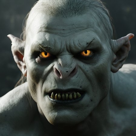 cinematic film still of  <lora:The Lord of the Rings style v2:1>
In a Fantasy Middle-earth world in the dark ages Azog Orc-lord of the Third Age a drawing of a orcman with a creepy face,solo,looking at viewer,simple background,1boy,white background,male focus,teeth,colored skin,scar,traditional media,portrait,colored sclera,realistic , dramatic light, dramatic shadow light, film contrast, cinematic film color, cinematic film look, filmic, realistic, realism, perfection, perfect, movie still, fantasy drama, epic drama, fictional, Age of Wonders, Age of Empires, warriors,  Medieval style, middle ages, dungeons and dragons style, different people, different, unique, kingdoms and castles, violent, aggressive, detailed, perfection, detailed face, detailed body, detailed hands, detailed eyes, sharp, horror themed, dark themed, epic fantasy adventure film style, Legendary, mythical, The Lord of the Rings style, shallow depth of field, vignette, highly detailed, high budget, bokeh, cinemascope, moody, epic, gorgeous, film grain, grainy