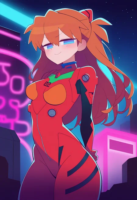best quality, amazing quality, very aesthetic, absurdres,
1girl, asuka langley, red plugsuit, standing, smug, looking at viewer, futuristic background, neon light , buildings, night,    <lora:FlipherrNoobLocon_byKonan:1>
