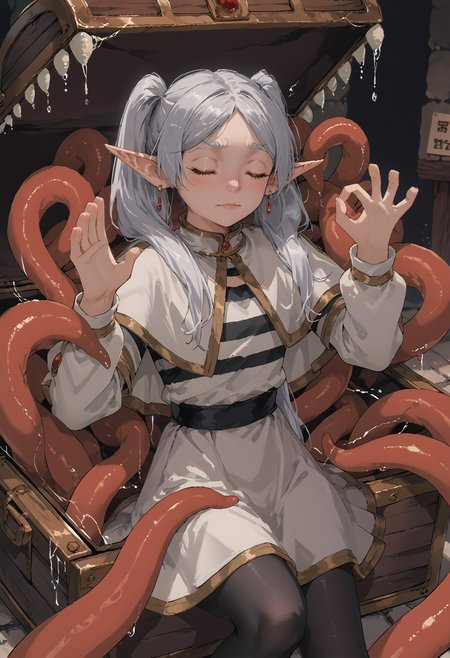 score_9,score_8_up,score_7_up,source_anime,<lora:princess_xl_v2:0.8>,<lora:Fant5yP0ny:0.8>,cave,<lora:PachaMeme_pdxl_Incrs_v1>,pachameme,hands up,ok sign,closed eyes,<lora:frieren-ponyxl-lora-nochekaiser:0.8>,frieren,long hair,twintails,green eyes,grey hair,pointy ears,elf,shirt,long sleeves,jewelry,pantyhose,earrings,striped,black pantyhose,capelet,striped shirt,skirt,white skirt,<lora:mimic_chest_ponyxl_v9:0.8>,mimic chest,tentacles,