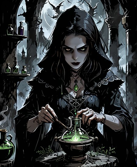 best quality, masterpiece, ultra detailed, a dark witch making a potion, dark fantasy, medieval, <lora:Dark_Novel:0.8>