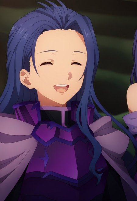 score_9, score_8, score_7, source_anime, lipia zancale, anime coloring, cape, close-up, purple cape, open mouth, armor, smile, closed eyes, standing, bare shoulders