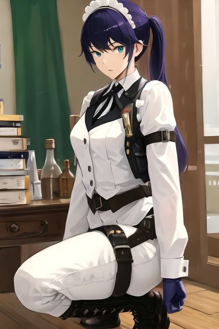 solo, 1girl, solo_focus, (((masterpiece))), ((best quality)), ((ultra-detailed)), ((too_many)):16, high resolution, absurdres, highres, ultra-detailed 8k unity wallpaper, 
kikunop3, maid headdress, vest, shirt, gloves, pants, boots, holster
