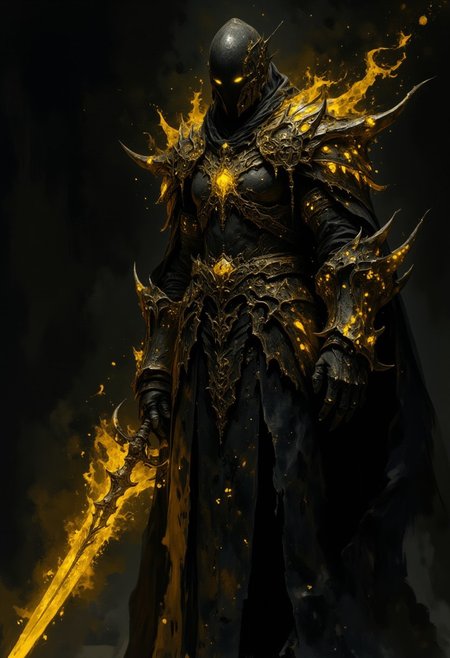 A captivating conceptual illustration of a dark entity clad in intricate, powerful armor. The figure is shrouded in darkness, with only two glowing yellow eyes visible, and holds a massive glowing yellow sword against their chest. Their ornate armor, a blend of power and magic, is accentuated by an aura of yellow particles that emit a mystical and formidable presence. The character's confident and strong posture is highlighted against the dark background, with shadows adding depth and contrast. This striking image is perfect for a high fantasy or dark cinematic setting.