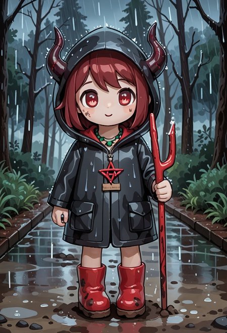 score_9, score_8_up, score_7_up, BREAK
highres, highly detailed, high resolution, high quality, 
source_anime, anime screencap, saturation, vivid colors, 
1girl, solo, luce, full body, standing, demon girl,
(dark red hair:1.2), (big dark red eyes:1.1), medium hair, cute, (grey skin:1.1), (horns:1.2), 
(long black raincoat:1.1), dirty black rubber boots, 
pentagram necklace, holding red trident, 
cute, bokeh,
blurry background, forest background, path, rain, 
stkyswt, outline