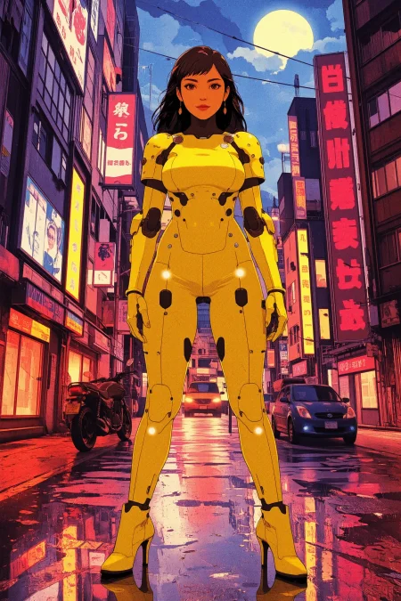 Somali shaggy hair dark brown hair (young woman), anime, illustration, cyberpunk, futuristic, (extremely detailed), (portrait), (standing:1.3), (happy smile), (beautiful cyberpunk tokyo buildings landscape), wet floor, windows, motorbike, car, moon in the sky, (bright neon lights), screen holograms, kanjis, raytracing, hdr, high contrast, ethereal cinematic lights, backlight, reflections, (legs), heels, (sharp focus), luminous Lemon Yellow robot glossy brilliant armor, body lights, body circuits, glossy lipstick, necklace, tassel earrings, colorful, retrowave, shadows, vibrant colors, pretty, beautiful, feminine, sexy, lovely, in love, adorable, fashion,  <lora:Hand v2:1> <lora:Anti-Blur:1> <lora:RetroAnimeFluxV1:0.4> <lora:CPA:0.8> <lora:Luminous_Shadowscape:0.4>
