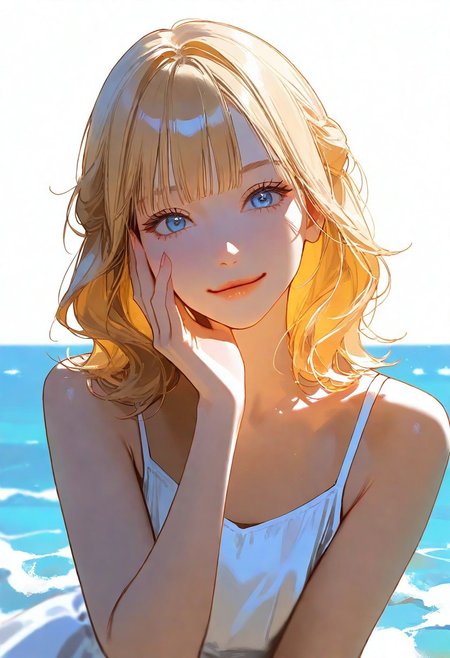 1girl, golden blonde, beautiful, detailed eyes, hair cascading in soft waves \(hairstyle\), young, blue eyes, medium hair, bangs, white top, muted colors, {{beautiful detailed face}}, semi-realistic, {{aesthetic}}, {{{best quality}}}, stunning, perfect body, soft features, looking at viewer, {playful|smirking} \(expression\), upper body, leaning, hand on face