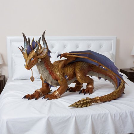 score_9, score_8_up, score_7_up, score_6_up, masterpiece, high quality, realistic, detailed, best quality, 1girl, solo, rating_safe, source_furry, white bed, bedroom, smiling, seductive, looking at viewer, on bed, full body, feral, soridormi_wc, dragon, bronze scales, wings, horns, tail, claws, female, 1girl, (blue sclera, glowing eyes), feral, close up