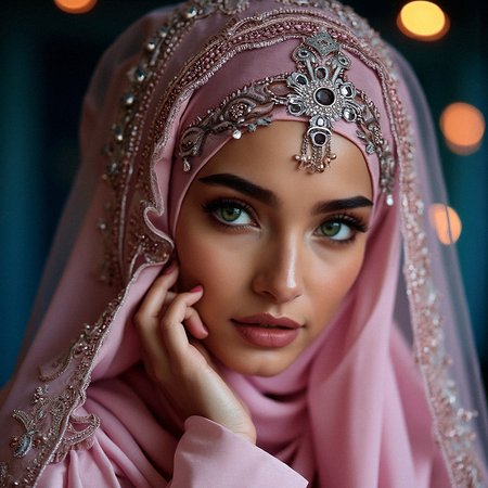 A close-up of a Middle Eastern woman wearing a luxurious pink satin hijab, intricately embroidered with silver and pink jewels. Her light green eyes, framed by perfectly shaped brows and accentuated by dark eyeliner, are captivating. The softly blurred background, with warm bokeh lights, enhances the elegance and mystique of her gaze.
Cool, blue-tinted lighting contrasting with warm highlights on the jewelry.Subtle rim lighting outlining the edges of the hijab. Delicate light reflections on the gems, adding sparkle.

Her characteristics are Smooth, flawless tanned skin with a natural glow. Refined, elegant nose with a delicate bridge.Delicate, minimal makeup emphasizing her natural beauty.Soft, warm-toned eyeshadow complementing her eye color.

Pink satin hijab with intricate silver embroidery along the edges. Delicate veil adorned with tiny, dangling pink gemstones. Jeweled headpiece with a central gem resting on her forehead. Subtle metallic accents in the embroidery, reflecting light.
Long, flowing sleeves with delicate lace trimming. Soft, sheer layer of fabric over the satin, adding dimension. long sleeves past wrist.

Her right hand lightly touches the edge of her veil near her cheek, eyes looking thoughtfully into the distance.

Abstract geometric patterns with muted metallic tones.










