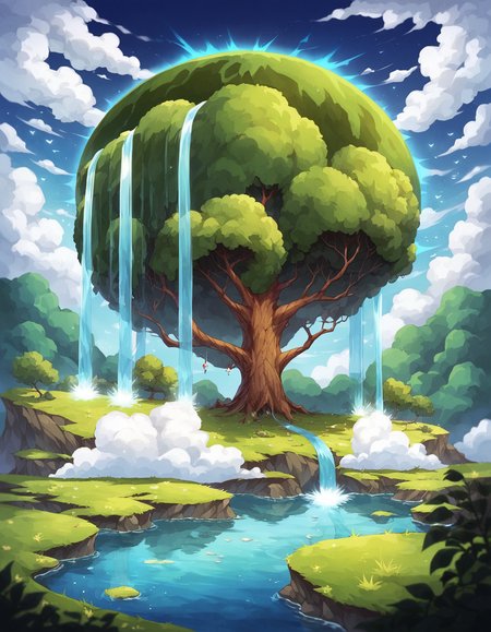score_9, score_8_up, score_7_up, BREAK
, a majestic floating island with a colossal tree at its center, waterfalls cascading down into a mirror-like water surface, lush green foliage, detailed tree bark with glowing blue veins, serene sky with fluffy white clouds, distant planets visible in the sky, intricate vegetation,  depth of field, volumetric lighting, high dynamic range, sense of wonder and tranquility, extremely detailed background with layers of clouds, reflections in the water, glowing aura around the tree, magical and enchanting atmosphere, small red-robed figure on the island, peaceful and awe-inspiring scene
