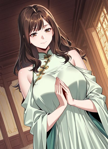 <lora:Lu_Luo:1>
1 girl, solo, long hair, brown hair, brown eyes, bangs
chinese clothes, green dress, bare shoulders, shoulder cutout, clothing cutout
score_9, score_8_up, score_7_up, very aesthetic, source_anime, detailed, high quality, beautiful, masterpiece, detailed eyes, castle room background, cowboy shot, dynamic angle, upper body, light smile, big breasts, dynamic pose, own hands together