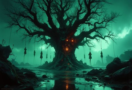 Under a stormy, neon-lit sky, a vast, ancient tree looms, its gnarled branches draped with suspended bodies, each tethered by intricate webs of cables and wires that shimmer in the dim light. The scene blends cyberpunk and dark fantasy horror, with electric hues and iridescent glows casting unsettling reflections on the slick, rain-drenched landscape. Faint, ghostly light beams cut through the fog, revealing the twisted, grotesque details of this dark, dystopian world. Vibrant neon accents contrast sharply with ominous shadows, illuminating the chilling figures hanging silently, their silhouettes outlined by an eerie, greenish glow that pulses with an unsettling, mechanical hum. The atmosphere is charged with suspense, dense fog swirling around the massive tree, amplifying a haunting sense of decay and mystery. Particles float in the damp air, catching the light in vibrant, otherworldly hues, while powerful, dramatic lighting creates dynamic depth, highlighting the distorted bark of the tree and casting long, foreboding shadows across the scene. A perfect fusion of sci-fi horror and vivid cyberpunk, this cinematic, highly detailed masterpiece immerses the viewer in an intense, disturbing atmosphere that hints at a forgotten, haunted past, as if the tree itself harbors ancient secrets of a lost civilization.best quality,masterpiece,deep rich colors, color contrast, vibrant,subsurface scattering,bioluminescence,fluorescence, transparency, iridescent, water,reflections,close-up
