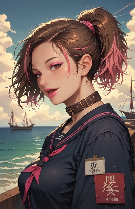 score_9,score_8_up,score_7_up, perfect hands, detailed background, smooth skin, detailed background, ukiyo-e, shiny skin, medium shot, sailor, name tag,  ship, ocean, golden hour, partial cloudy, dynamic angle, motion lines, saluting,
(1 female), brown hair, pink highlights, high ponytail, detailed hair, large breasts, pale pink lipstick, detailed brown eyes, pink glossy eyeshadow, elongated Eyeliner, leather collar, happy
<lora:add-detail-xl:1>  <lora:CORE:1> <lora:GarvGirlsPony:1> <lora:Eyes:00.5>