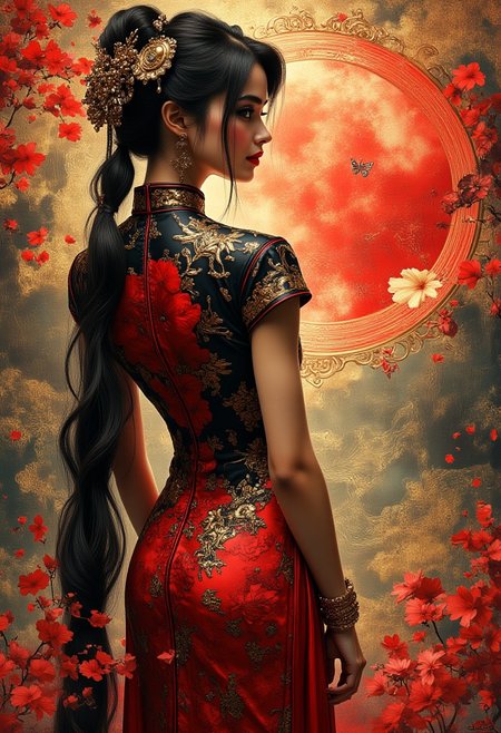 midjourney_whisper_avant_couture, Silhouette Art, breathtaking detailed, masterpiece, awe-inspiring, radiant, magnificent, stunning oriental woman, long hair, gold and red cheongsam, viewed from behind, looking back at viewer