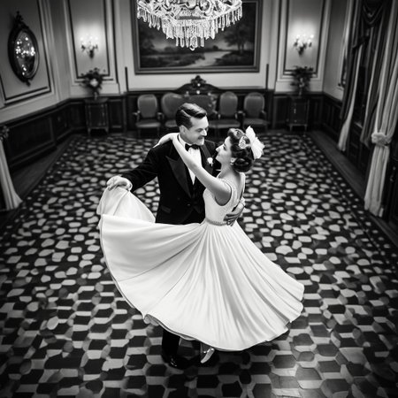 1male, 1female, Graceful couple in stunning vintage outfits, dancing elegantly with poise in a vintage-era setting, retro black and white theme, capturing timeless elegance, focus on the couple as they move gracefully together, with a collection of cherished couple photos displayed in the background, viewed from a bird's-eye perspective, adding depth and a unique angle, enhancing the nostalgic and romantic ambiance.