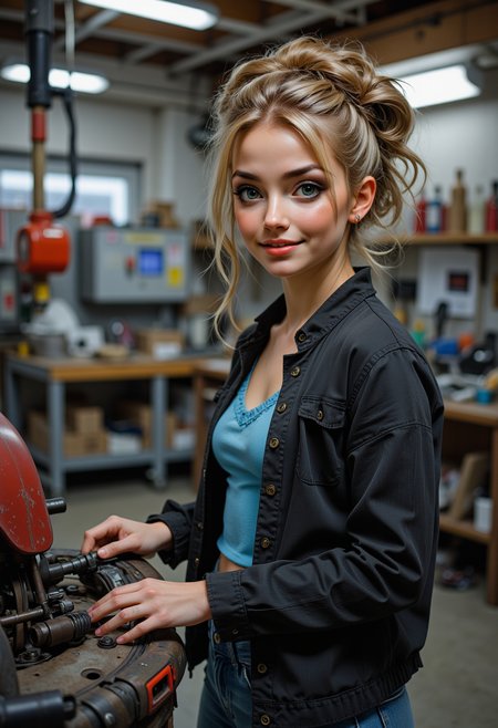 profile headshots, She is approximately 18 years old, full body view, dynamic angles, multiple angles, photoshoot poses; A photo of Cynthia, is painted in a realistic style. She is wearing a blue shirt and a black jacket, blue jeans and black boots,and her hair is in a bun. she is working on a land speeder in a mechanic shop, indoors,  The painting captures her smiling expression and the details of her outfit. which adds to the focus on the girl's face and her outfit. The overall composition is a beautifully rendered portrait of a young girl. 32k UHD, expressive eyes, punk, graphic design, girl's face, pretty and cute, gleaming lips, telling a tale of adventure. Exuding confidence and serenity. The overall mood of the image is happy and relaxed,detailed skin texture,(blush:0.2),(goosebumps:0.3),subsurface scattering,with a playful and whimsical tone, aidmaHyperrealism, aidmarealisticskin,Niji style,