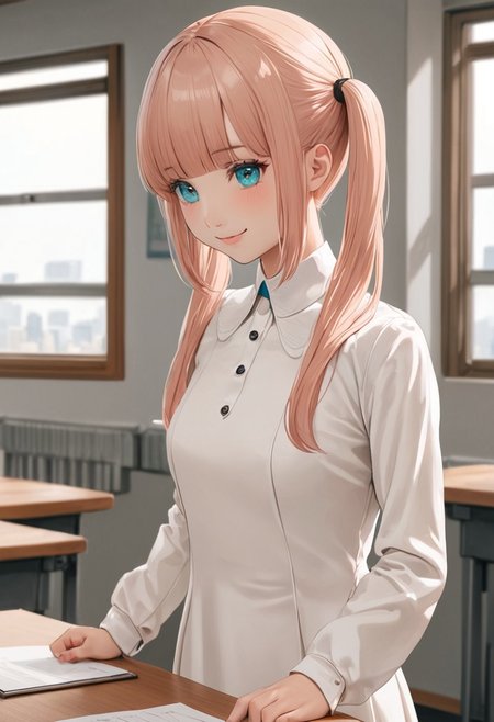 masterpiece, best quality,  1girl, solo, twin drills, twintails, blunt bangs, soft peach hair, aqua eyes, smile, long sleeves, white dress, standing, no desks