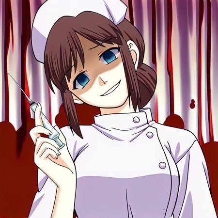 masterpiece, best quality, hospital room, blood splatters, blood smears, holding, holding needle, injection needle, looking at viewer,  head tilt, shaded eyes, horror theme, looking down at viewer, looming over viewer, <lora:Tsukihime NXL:1>1girl,shirakawa_miho,blue eyes,brown hair,single hair bun,large breasts,nurse, blood smeared walls, blood smeared background, blood splattered background, bloody uniform, nurse_cap ,scary smile, glassy eyed smile, cheerful smile, bubbly pose, <lora:shirakawa_miho-illus:0.9>,solo
