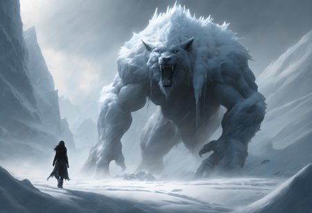 The monochromatic painting decipts two creatures, a wanderer observing a colossal frost-giantess of supernaturally beautiful appearance. She is walking barefoot through the snow. The background is dominated by ice and snow, creating a cold and hostile atmosphere. A blizzard rages and envelops the scene, adding to the intensity. The blizzard makes her appearance even more dramatic.

concept art, photo bashing, digital painting, matte painting, megascans, octane rendering, god rays, ray tracing, lumen, high-resolution

