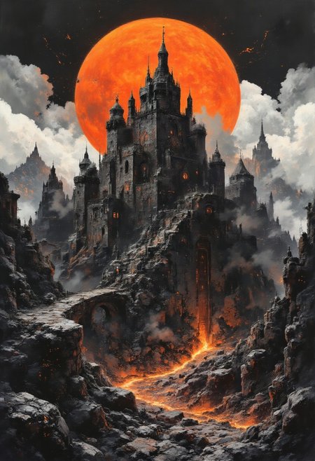 A graphic illustration, black and white, of a mountain landscape and the colosseum with a brilliant orange Moon, Halloween Theme. d1eselc0re  gl1tchc0re