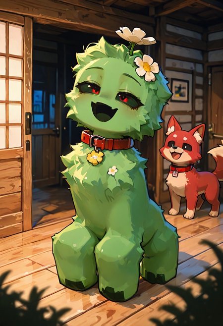 masterpiece, best quality, amazing quality, very aesthetic, absurdres, newest, , detailed background, 
 movie scene, cinematic scene, cinematic, foreground blur, depth of field, 
crpr, no humans, full body, pokemon (creature), open mouth, green skin, black sclera, black mouth, 
smile, half closed eyes, hair fluff, fluff, wooden house, door, flower on head, fluffy head, red dog collar,