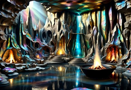 Iridescent Damascus, photorealistic, film grain, candid camera, color graded cinematic, eye catching, atmospheric lighting, highly detailed, deep depth of field, wide angle, wide view of a vast cavern,soft organic shapes, natural formation,smoothed by time and water, a (vast space:1.9) opening before the viewer,  an underground lake, crystal clear water, irregular shape formed by millenia of flowing water, reflecting torchlight, crystals in the rock walls glint in the (colours of the rainbow:1.6), intricately patterned with (labradorite:1.8) and moonstone, contrasted with (black granite:2.0), soft rounded shaped rock inviting to sit down near a fire pit emitting warm and welcoming light,
